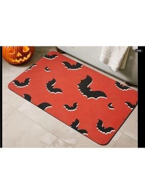 Halloween Orange Bat Bath Mat - Decorative Non-Slip Bath Rug